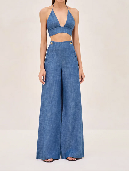 Chic Denim Two Piece Set | Soft Denim Button-Up Shirt & Wide-Leg Pants for Effortless Style