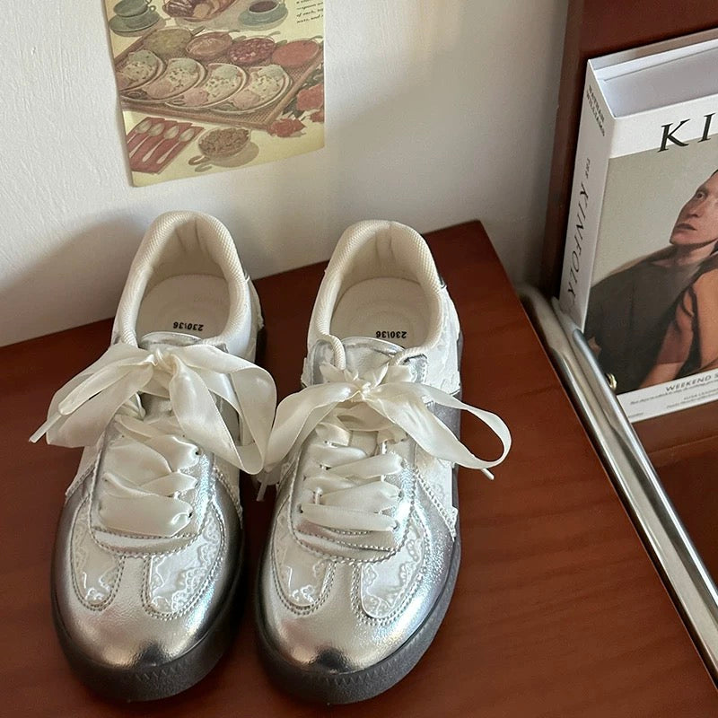 Chic Lace-Up Sneakers | Stylish Footwear with Satin Ribbon Laces | Trendy Soft Girl Aesthetic for Effortless Fashion