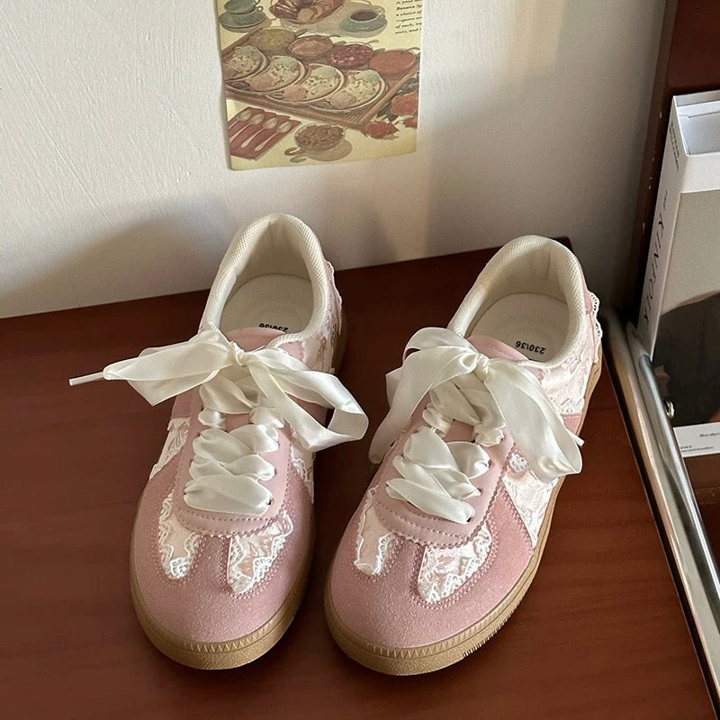 Chic Lace-Up Sneakers | Stylish Footwear with Satin Ribbon Laces | Trendy Soft Girl Aesthetic for Effortless Fashion