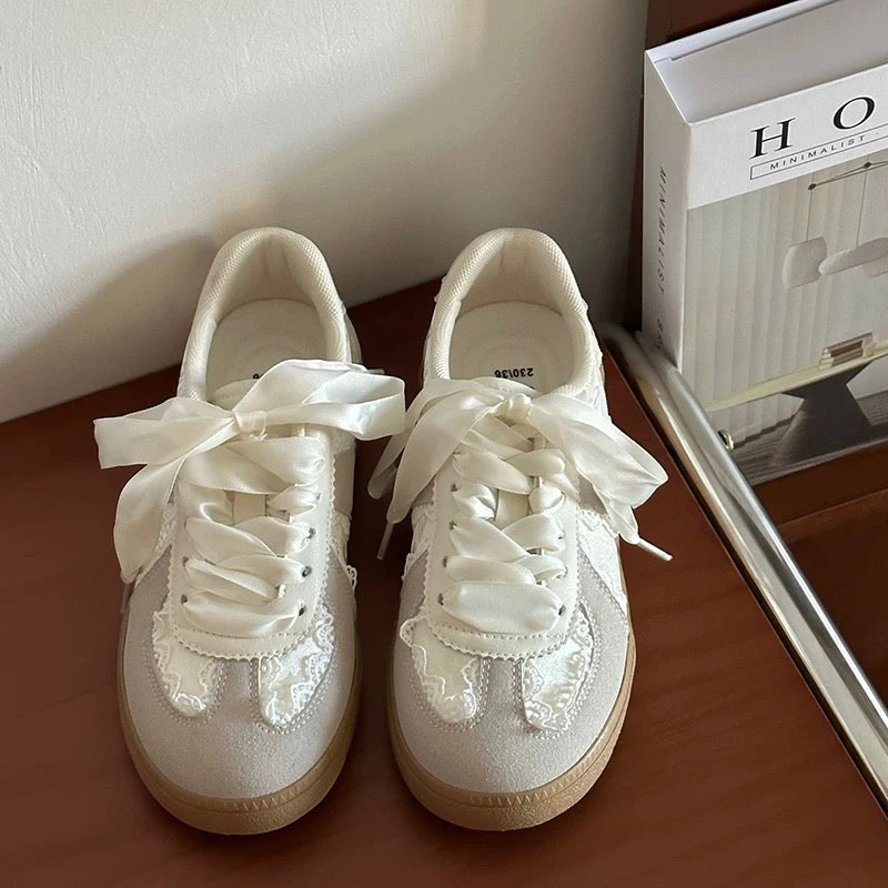 Chic Lace-Up Sneakers | Stylish Footwear with Satin Ribbon Laces | Trendy Soft Girl Aesthetic for Effortless Fashion