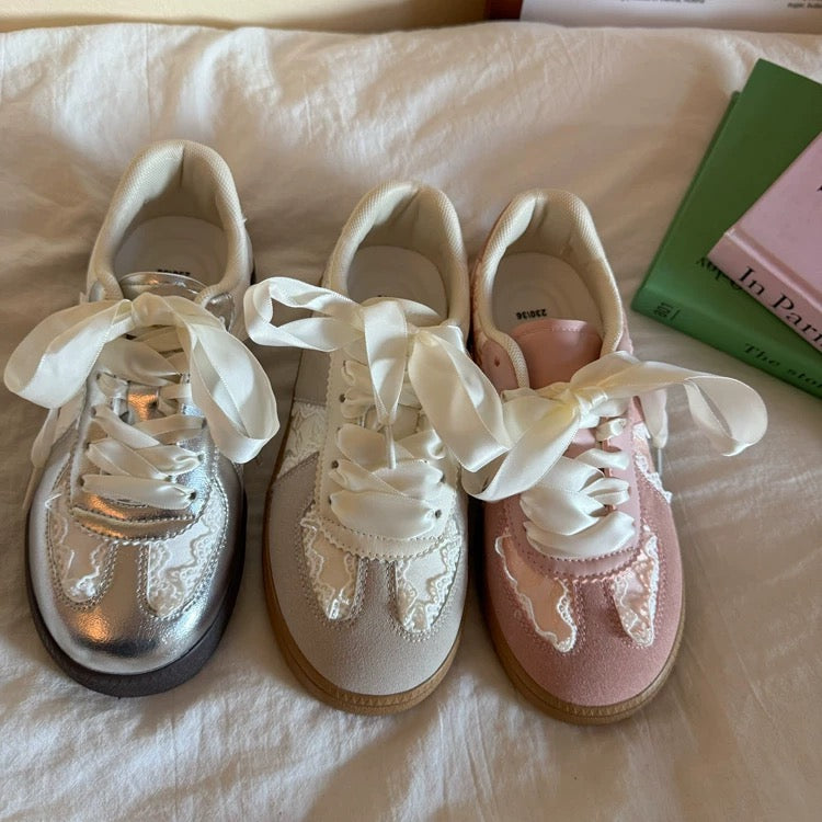 Chic Lace-Up Sneakers | Stylish Footwear with Satin Ribbon Laces | Trendy Soft Girl Aesthetic for Effortless Fashion