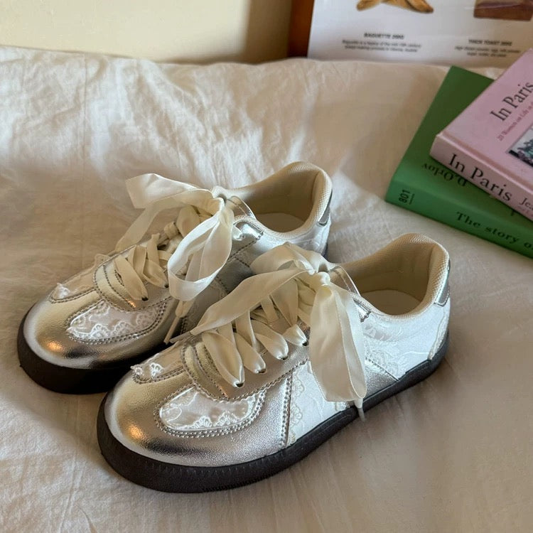 Chic Lace-Up Sneakers | Stylish Footwear with Satin Ribbon Laces | Trendy Soft Girl Aesthetic for Effortless Fashion
