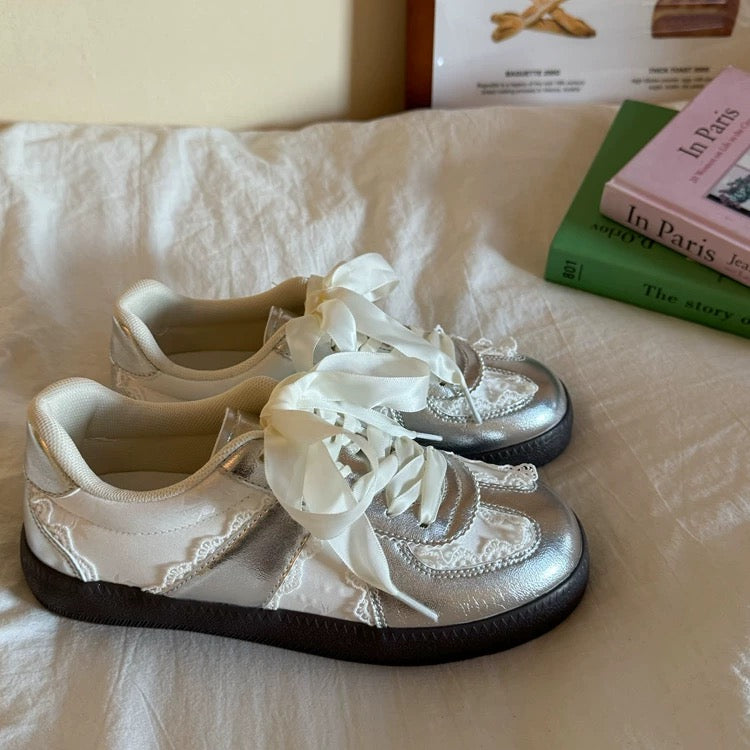 Chic Lace-Up Sneakers | Stylish Footwear with Satin Ribbon Laces | Trendy Soft Girl Aesthetic for Effortless Fashion