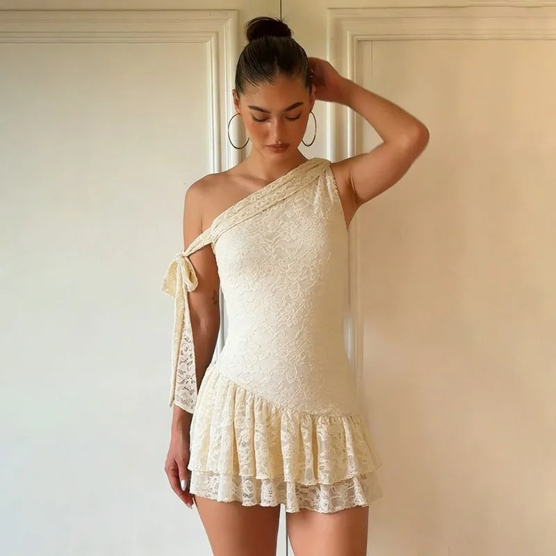 Chic Lace Ruffle Mini Dress | Asymmetric One-Shoulder Design for Effortless Elegance