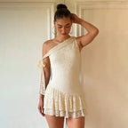 Chic Lace Ruffle Mini Dress | Asymmetric One-Shoulder Design for Effortless Elegance