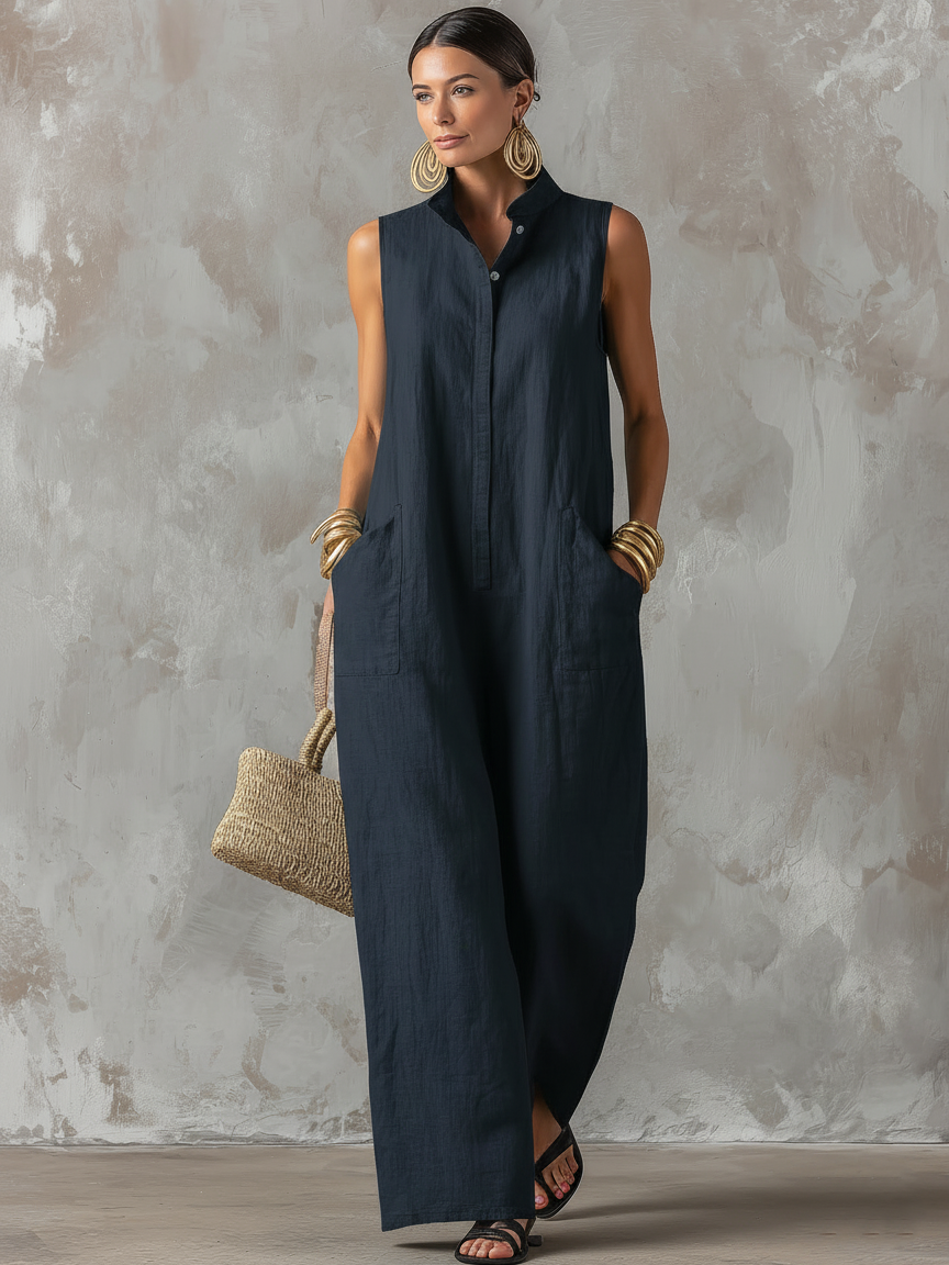 Chic Minimalist | Black Jumpsuit Women with Stand Collar & Sleeveless Design | Effortless Style for Warm Weather
