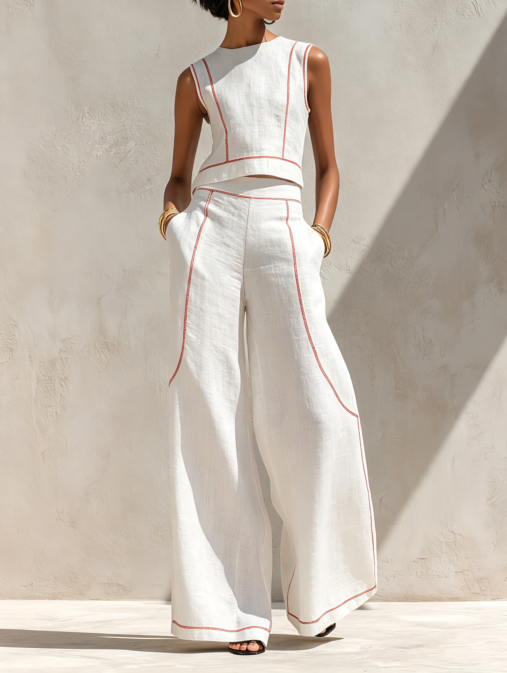 Chic Minimalist | Women's Loungewear Two-Piece Set with Lightweight Linen-Blend Fabric | Effortless Style for Warm Weather