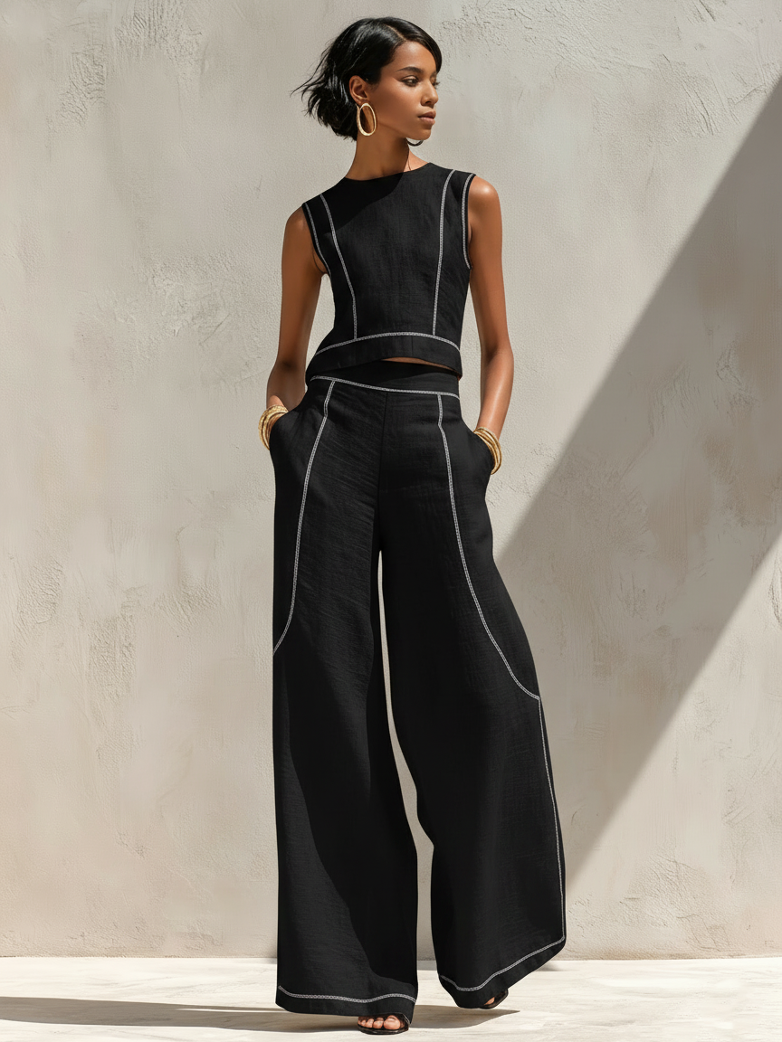 Chic Minimalist | Women's Loungewear Two-Piece Set with Lightweight Linen-Blend Fabric | Effortless Style for Warm Weather