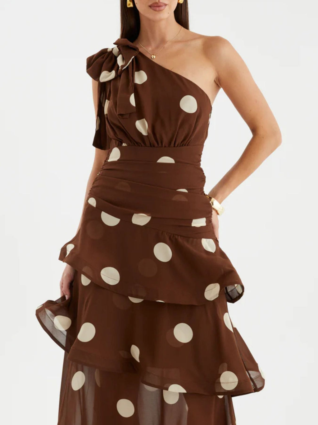 Chic Polka Dot One-Shoulder Ruffle Dress with Tiered Design | Stylish Summer Dress for Effortless Elegance