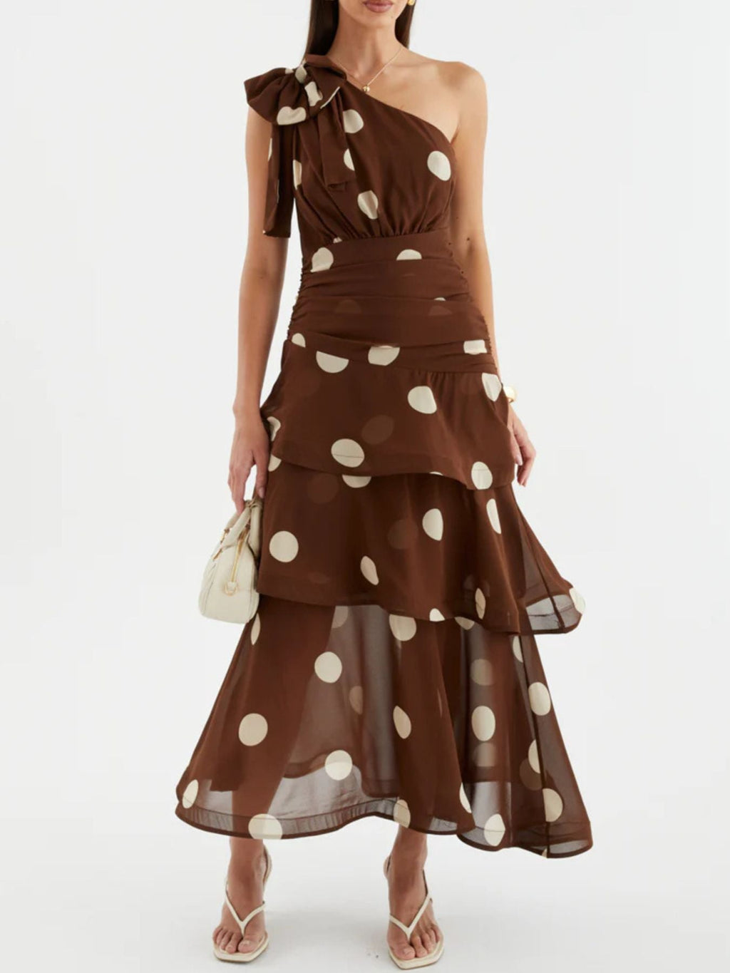 Chic Polka Dot One-Shoulder Ruffle Dress with Tiered Design | Stylish Summer Dress for Effortless Elegance