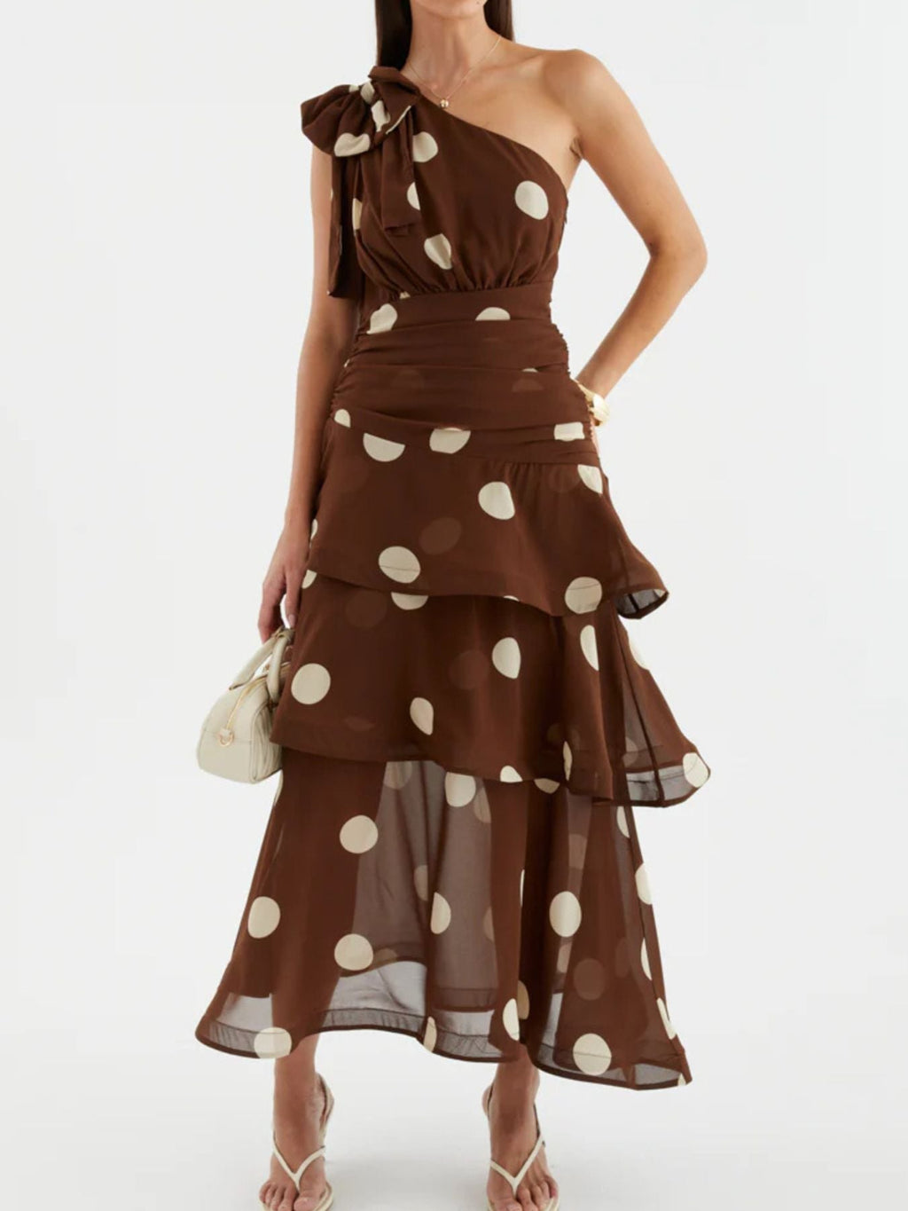 Chic Polka Dot One-Shoulder Ruffle Dress with Tiered Design | Stylish Summer Dress for Effortless Elegance