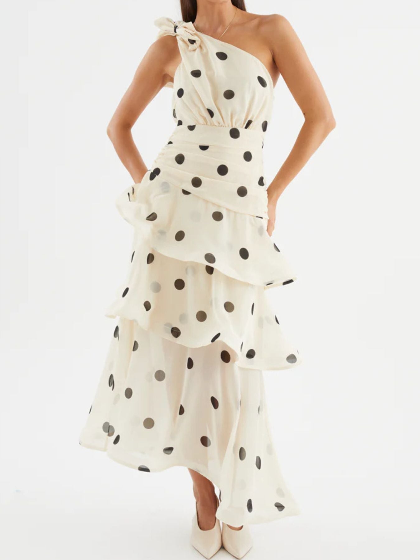 Chic Polka Dot One-Shoulder Ruffle Dress with Tiered Design | Stylish Summer Dress for Effortless Elegance