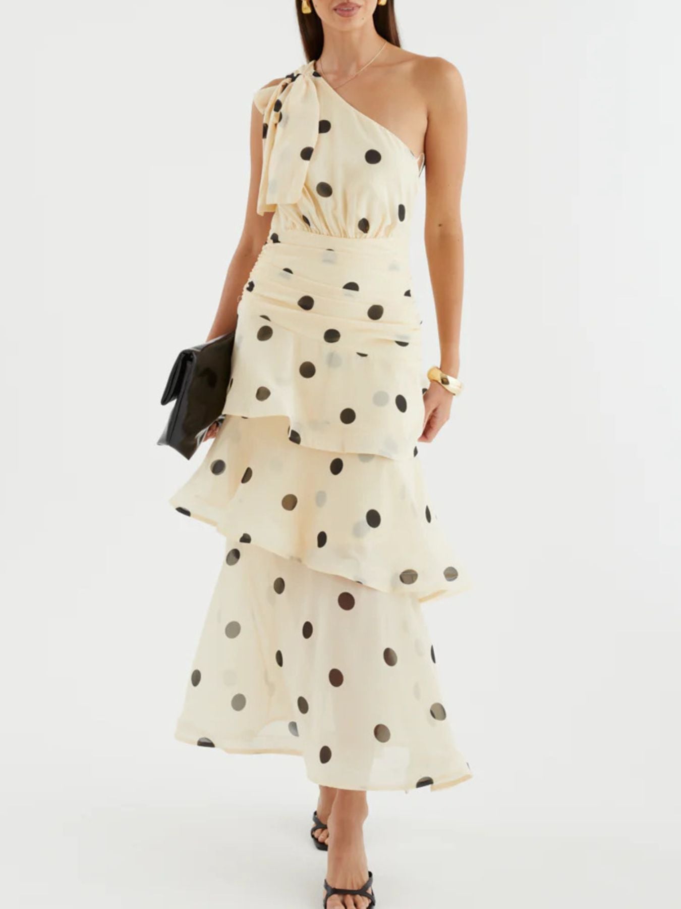 Chic Polka Dot One-Shoulder Ruffle Dress with Tiered Design | Stylish Summer Dress for Effortless Elegance