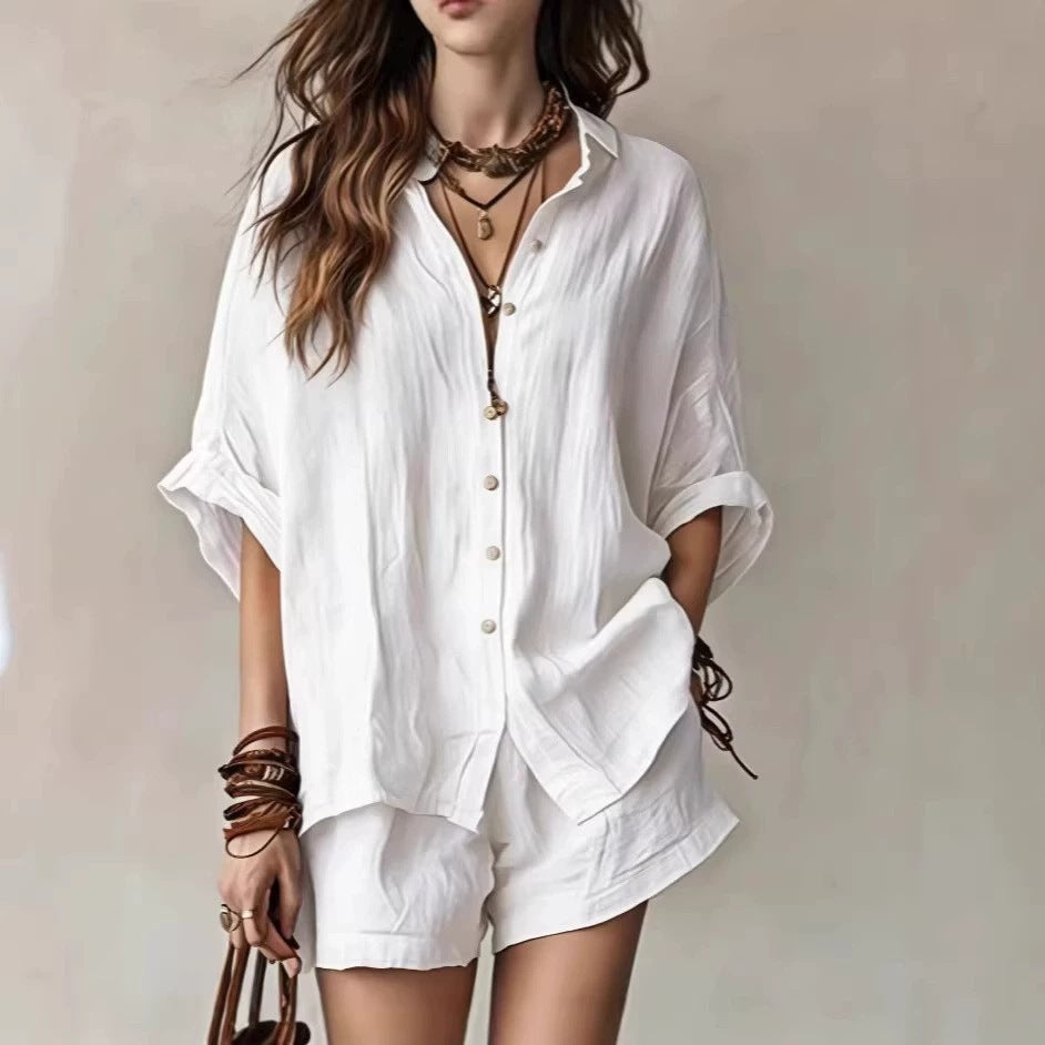 Chic Summer – Women's Outfit with Loose Button Shirt & Shorts Set...