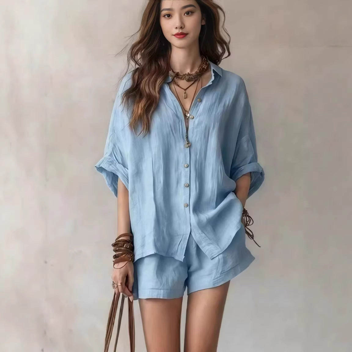 Chic Summer – Women's Outfit with Loose Button Shirt & Shorts Set...