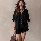 Chic Summer – Women's Outfit with Loose Button Shirt & Shorts Set...