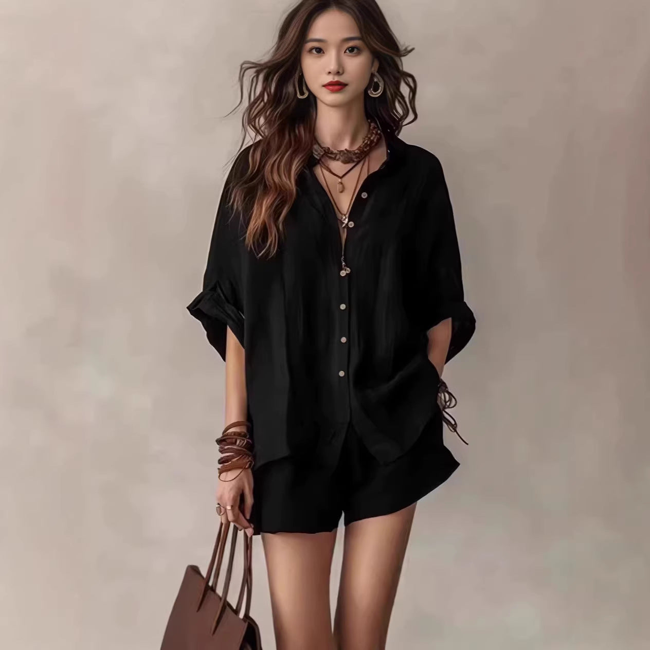 Chic Summer – Women's Outfit with Loose Button Shirt & Shorts Set...