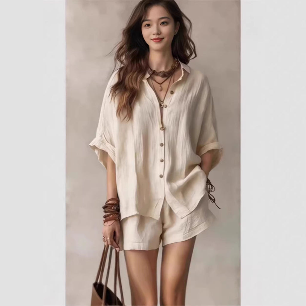 Chic Summer – Women's Outfit with Loose Button Shirt & Shorts Set...