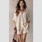 Chic Summer – Women's Outfit with Loose Button Shirt & Shorts Set...