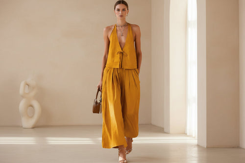 Chic Women's Sleeveless Vest & Wide-Leg Matching Set | Lace-Up Summer Co-Ord