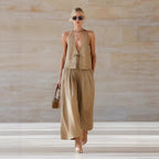 Chic Women's Outfit | Sleeveless Vest & Wide-Leg Pants Set with Lace-Up Detail for Effortless Summer Style