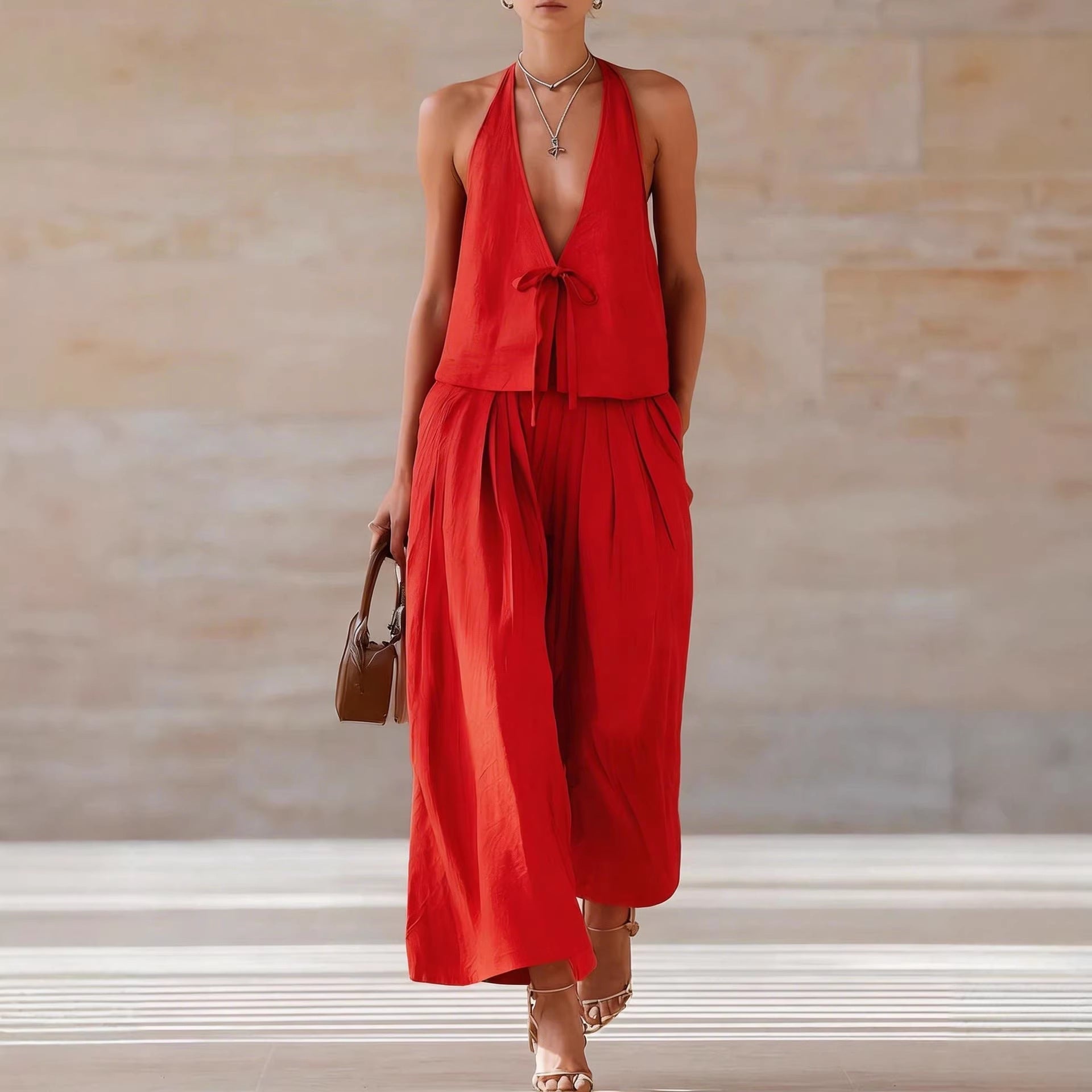 Chic Women's Outfit | Sleeveless Vest & Wide-Leg Pants Set with Lace-Up Detail for Effortless Summer Style