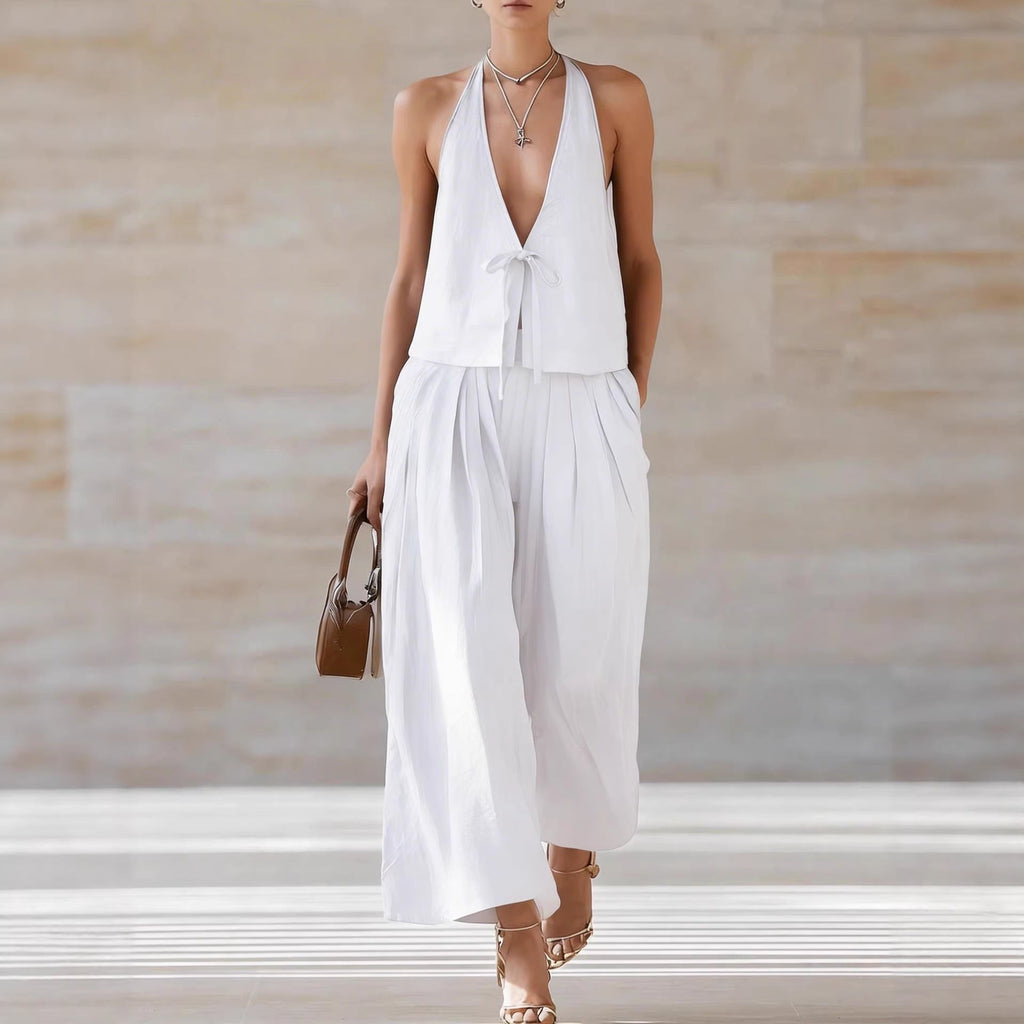 Chic Women's Outfit | Sleeveless Vest & Wide-Leg Pants Set with Lace-Up Detail for Effortless Summer Style