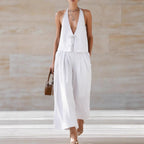 Chic Women's Outfit | Sleeveless Vest & Wide-Leg Pants Set with Lace-Up Detail for Effortless Summer Style