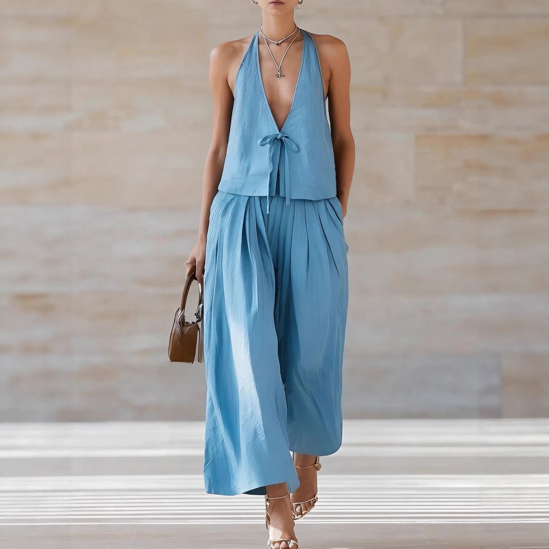 Chic Women's Outfit | Sleeveless Vest & Wide-Leg Pants Set with Lace-Up Detail for Effortless Summer Style