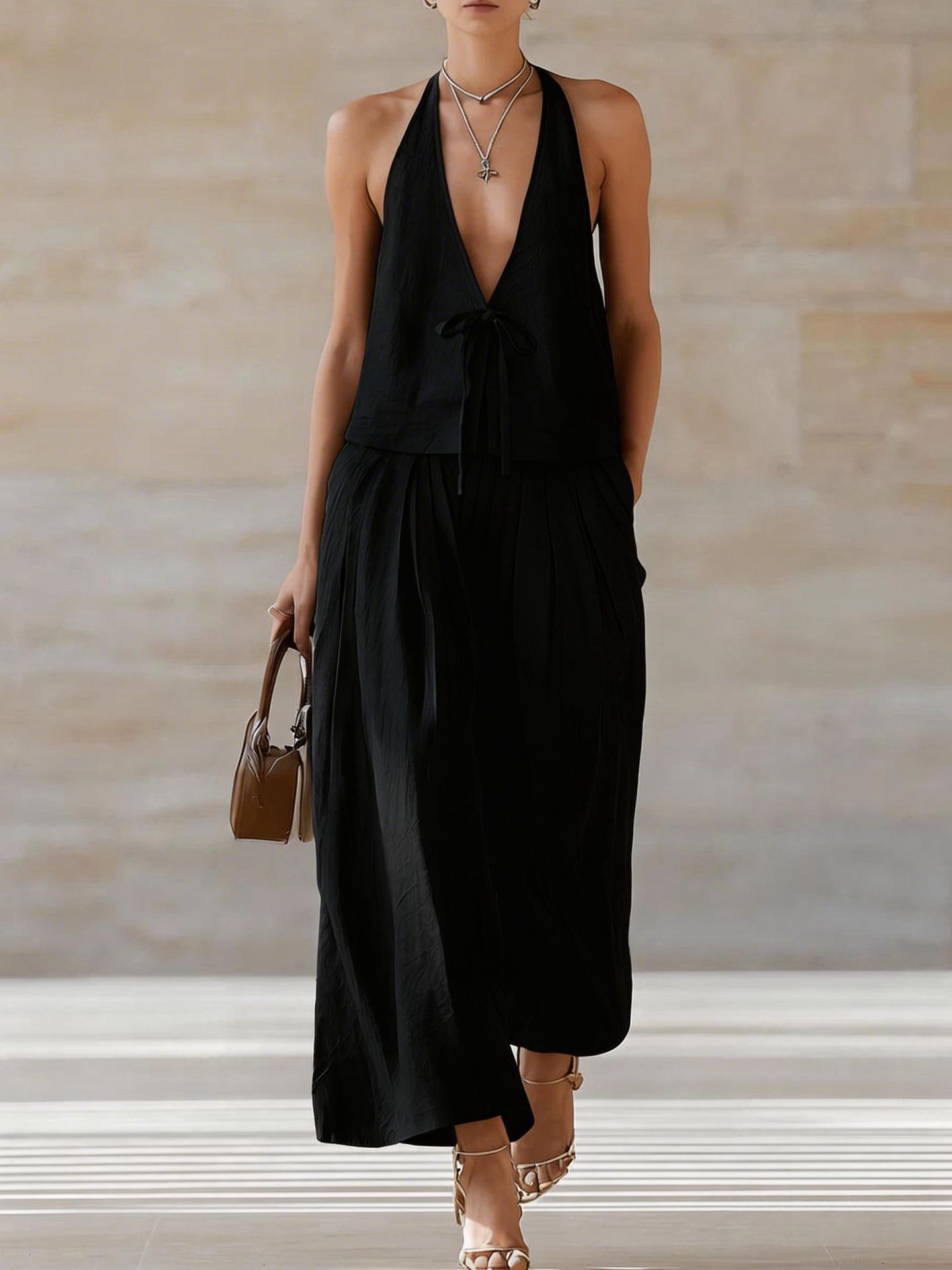 Chic Women's Sleeveless Vest & Wide-Leg Matching Set | Lace-Up Summer Co-Ord