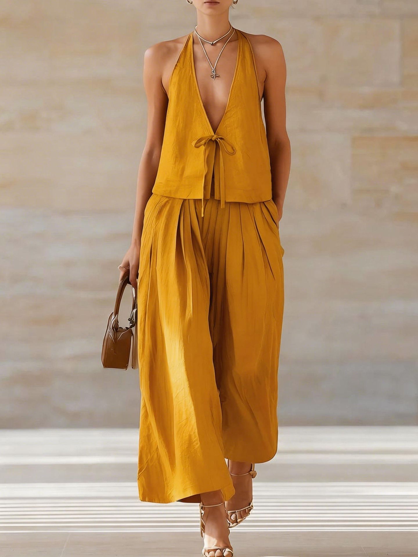 Chic Women's Sleeveless Vest & Wide-Leg Matching Set | Lace-Up Summer Co-Ord