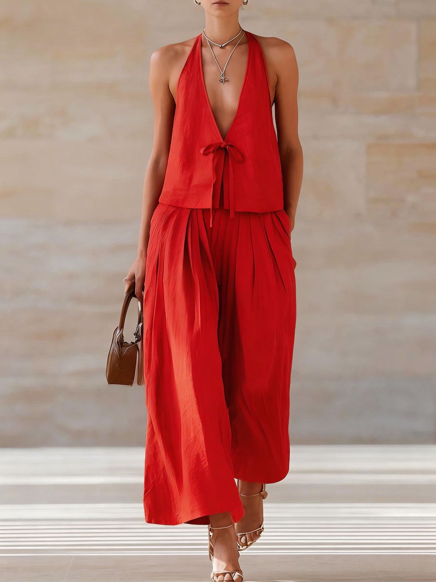 Chic Women's Sleeveless Vest & Wide-Leg Matching Set | Lace-Up Summer Co-Ord