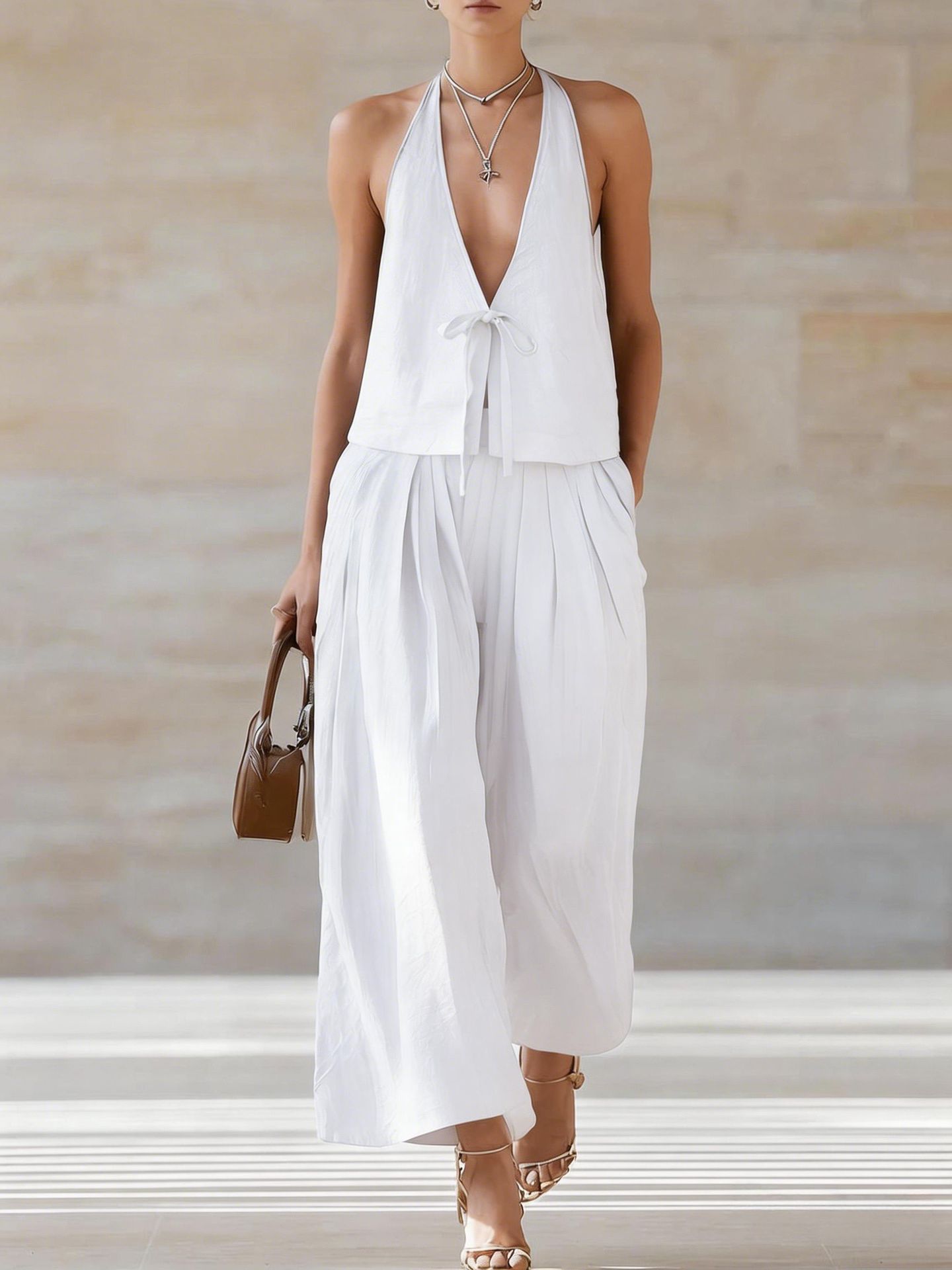 Chic Women's Sleeveless Vest & Wide-Leg Matching Set | Lace-Up Summer Co-Ord
