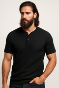Classic Black | Waffle Knit Henley T-Shirt with Breathable Fabric | Stylish Comfort for Everyday Wear