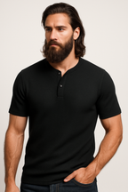 Classic Black | Waffle Knit Henley T-Shirt with Breathable Fabric | Stylish Comfort for Everyday Wear