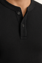 Classic Black | Waffle Knit Henley T-Shirt with Breathable Fabric | Stylish Comfort for Everyday Wear