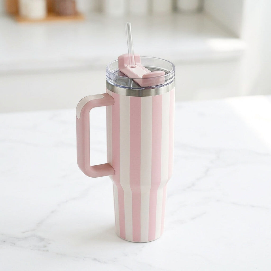 Classic Stripe Collection | 40oz Insulated Tumbler with Handle & Straw | Stylish Stainless Steel Drinkware for Hot & Cold Beverages