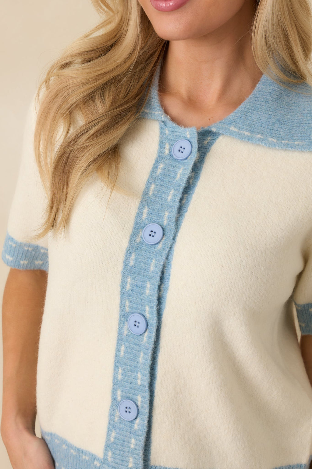 Women's Clubhouse Chic Blue & Ivory Contrast Trim Button-Front Knit Polo Cardigan | 65% Polyester 2