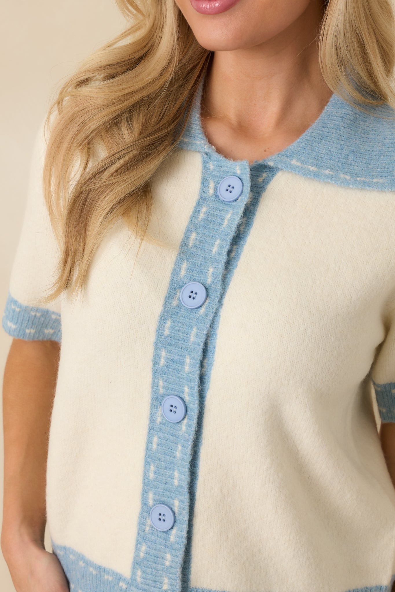 Women's Clubhouse Chic Blue & Ivory Contrast Trim Button-Front Knit Polo Cardigan | 65% Polyester 2