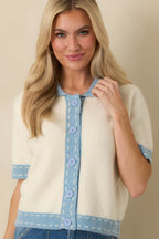 Women's Clubhouse Chic Blue & Ivory Contrast Trim Button-Front Knit Polo Cardigan | 65% Polyester 4