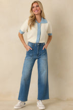 Women's Clubhouse Chic Blue & Ivory Contrast Trim Button-Front Knit Polo Cardigan | 65% Polyester 6