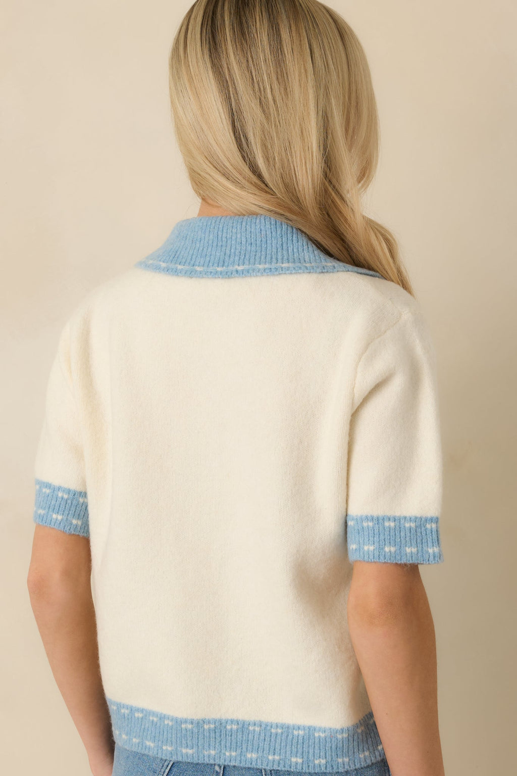 Women's Clubhouse Chic Blue & Ivory Contrast Trim Button-Front Knit Polo Cardigan | 65% Polyester 7