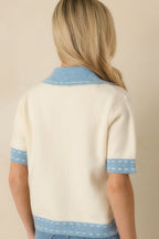 Women's Clubhouse Chic Blue & Ivory Contrast Trim Button-Front Knit Polo Cardigan | 65% Polyester 7