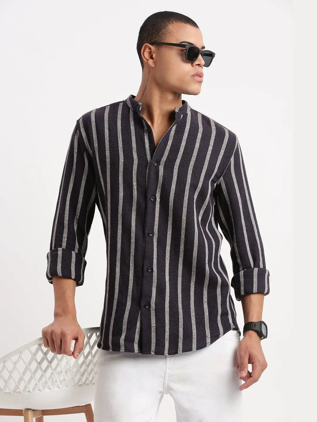 Contemporary Style | Men's Dress Shirt with Mandarin Collar & Stripes | Versatile Design for All-Day Comfort