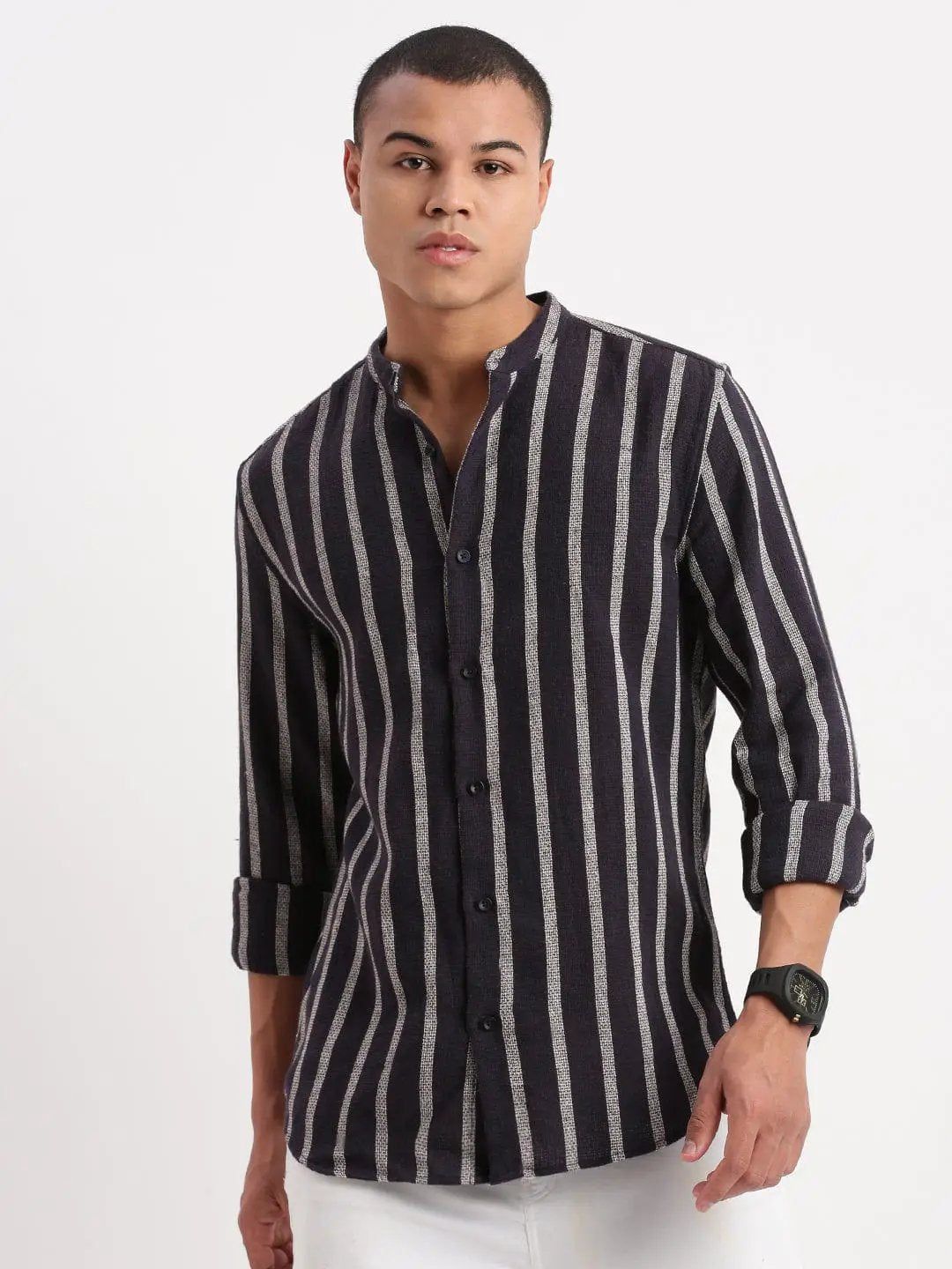 Contemporary Style | Men's Dress Shirt with Mandarin Collar & Stripes | Versatile Design for All-Day Comfort