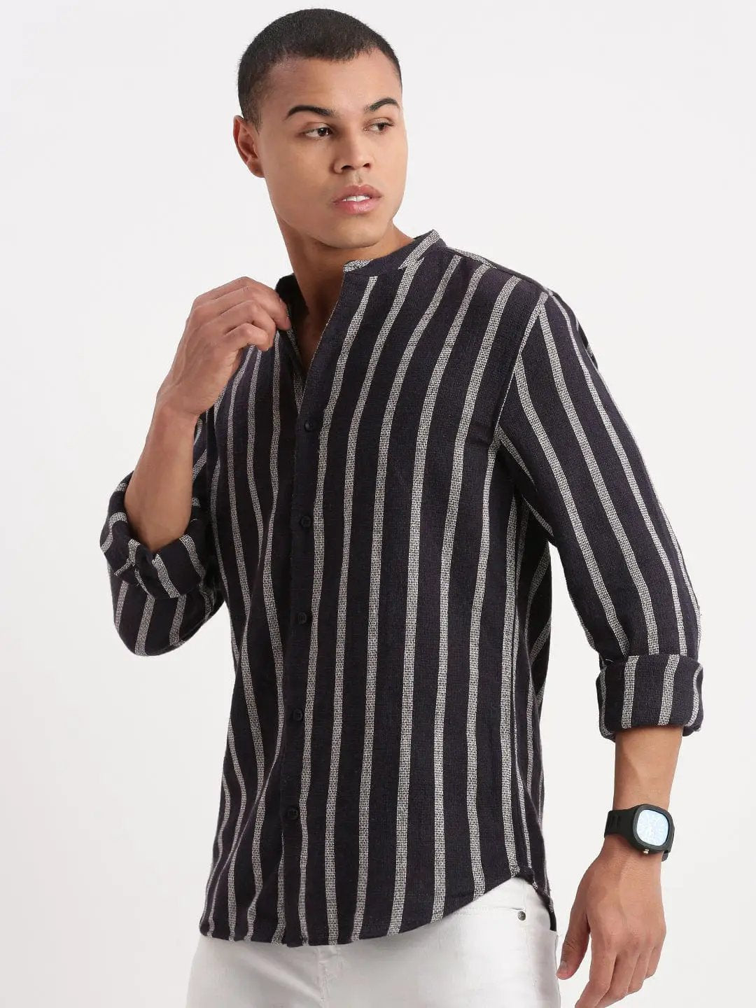 Contemporary Style | Men's Dress Shirt with Mandarin Collar & Stripes | Versatile Design for All-Day Comfort