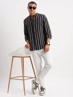Contemporary Style | Men's Dress Shirt with Mandarin Collar & Stripes | Versatile Design for All-Day Comfort