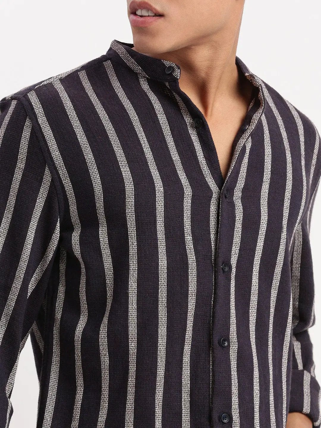 Contemporary Style | Men's Dress Shirt with Mandarin Collar & Stripes | Versatile Design for All-Day Comfort