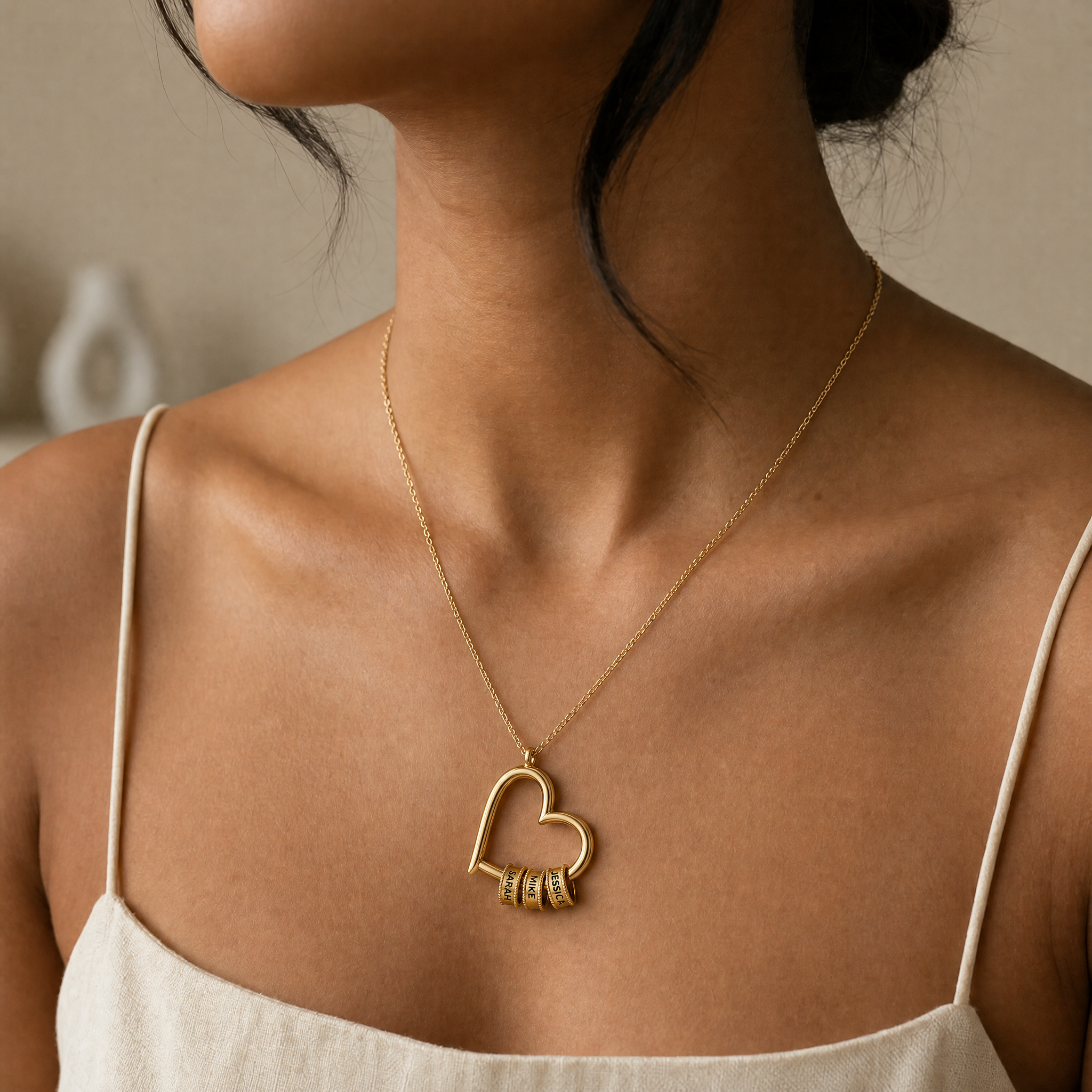 Model wearing personalized family necklace