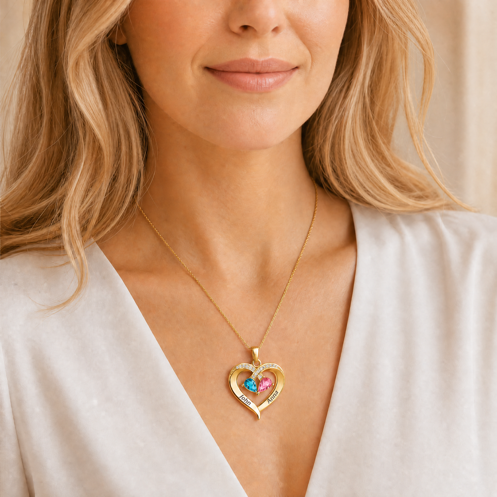 Model wearing birthstone heart pendant